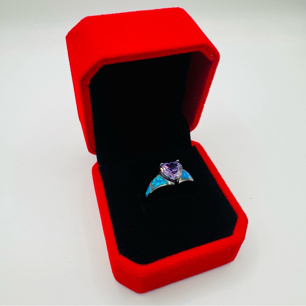Vintage Style Dreamy Whimsical Purple Heart CZ & Blue Opal pinky Ring size 5.75